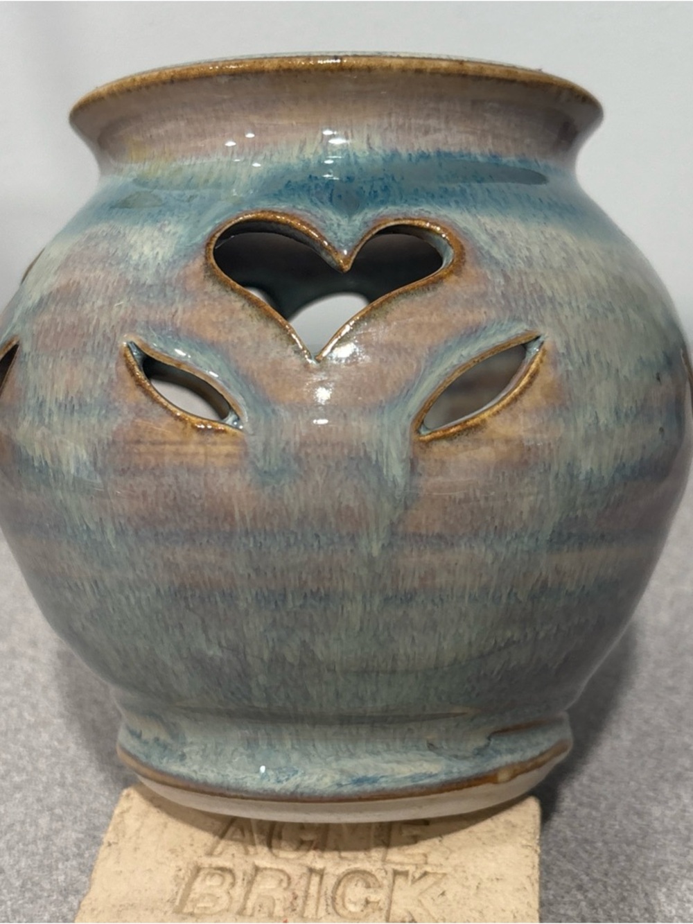 Handmade Drip Glazed Ceramic Votive Candle Holder with Heart Cutouts